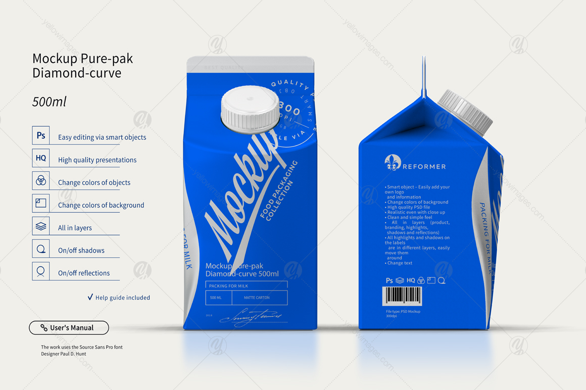 Mockup Pure Pak Diamond Curve 500ml In Packaging Mockups On Yellow Images Creative Store