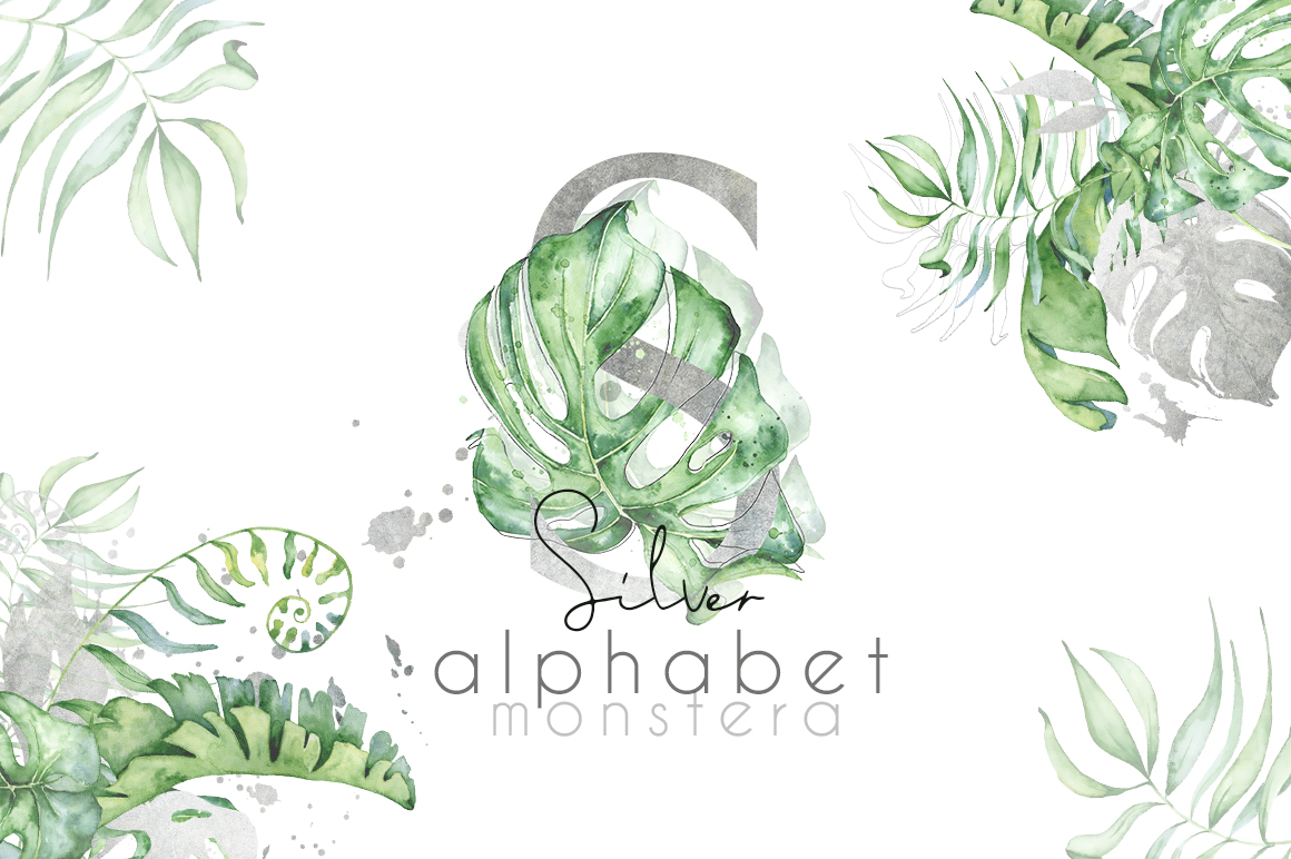 Download Silver Monstera Tropical Alphabet In Illustrations On Yellow Images Creative Store