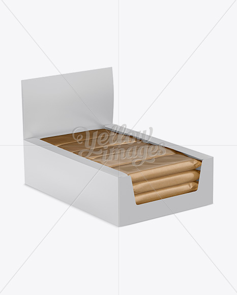 20 Glossy Snack Bars Box Mockup Half Side View High Angle Shot In Flow Pack Mockups On Yellow Images Object Mockups