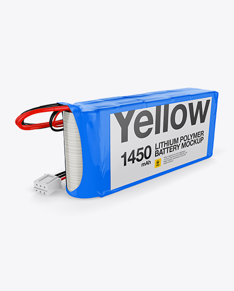 1450mAh 2S Lithium Polymer Battery Mockup - Half Side View on Yellow