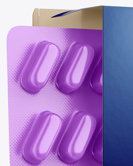 Opened Paper Box   Glossy Pills Blister Mockup   Half Side View PSD #2