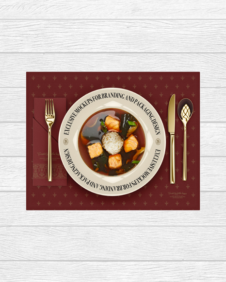 Plate with Salmon Miso Soup and Cutlery Mockup   Top View PSD #2