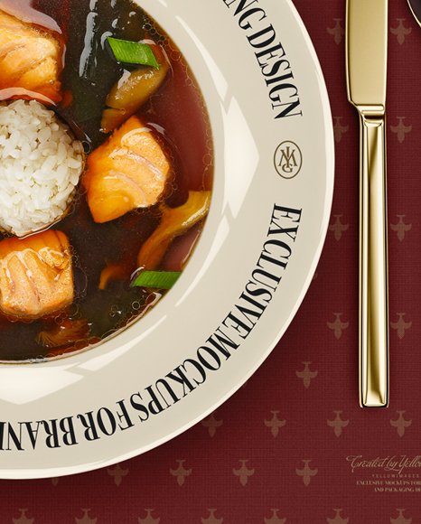 Plate with Salmon Miso Soup and Cutlery Mockup   Top View PSD #1