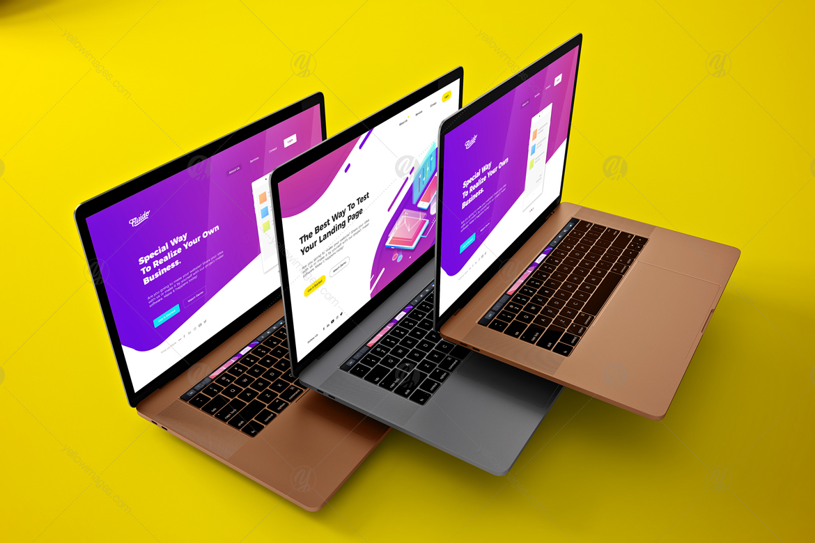 Floating Macbook Pro In Device Mockups On Yellow Images Creative Store