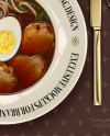 Plate with Beef Miso Soup and Cutlery Mockup - Top View