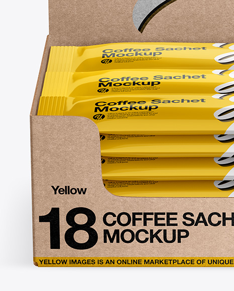 18 Kraft Coffee Sachets Box Mockup In Box Mockups On Yellow Images Object Mockups