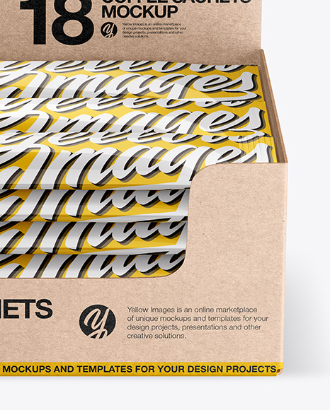 Download 18 Kraft Coffee Sachets Box Mockup In Box Mockups On Yellow Images Object Mockups PSD Mockup Templates