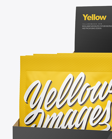 Download 10 Pouches Display Box Mockup In Box Mockups On Yellow Images Object Mockups PSD Mockup Templates