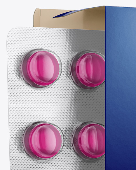 Opened Paper Box   Round Tablets Blister Mockup   Half Side View PSD #2