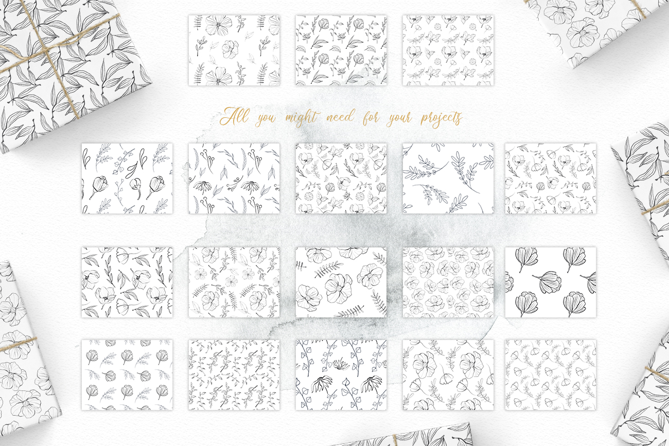 Flower and leaves sketch patterns