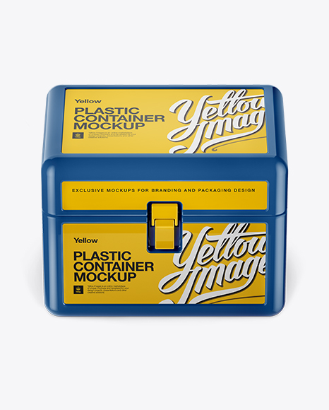 Download Plastic Container W Lock Mockup Front View High Angle Shot In Box Mockups On Yellow Images Object Mockups