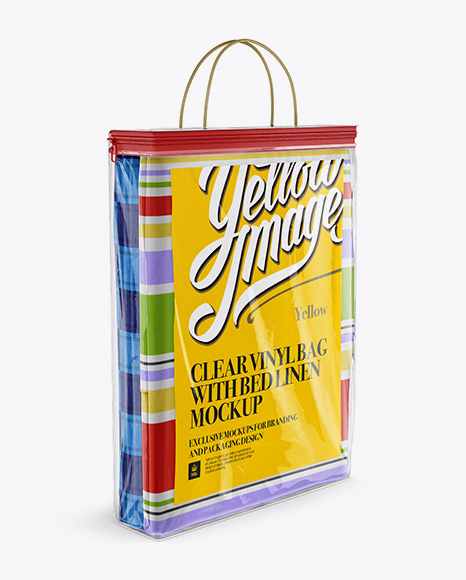 Download Clear Vinyl Bag W Bed Linen Mockup Halfside View In Bag Sack Mockups On Yellow Images Object Mockups PSD Mockup Templates