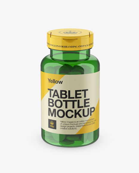 Green Pill Bottle Mockup (High-Angle Shot) on Yellow Images Object Mockups