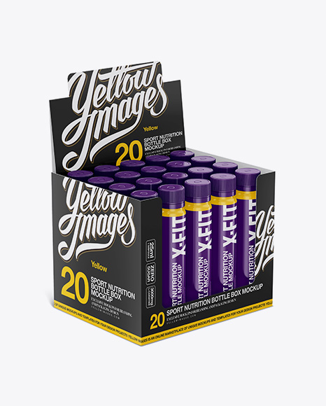 Download 20 Glossy Sport Nutrition Bottles Display Box Mockup Halfside View In Bottle Mockups On Yellow Images Object Mockups