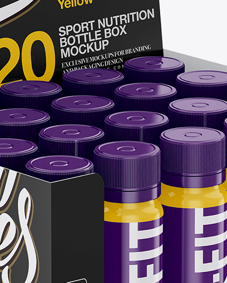 20 Glossy Sport Nutrition Bottles Display Box Mockup Halfside View In Bottle Mockups On Yellow Images Object Mockups