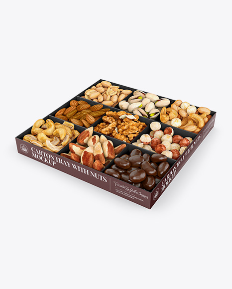 Download Carton Square Tray W Nuts Mockup Halfside View High Angle In Box Mockups On Yellow Images Object Mockups