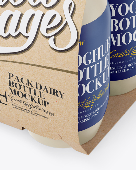 4 Kraft Pack Matte Dairy Bottle Mockup - Halfside View (High Angle) on