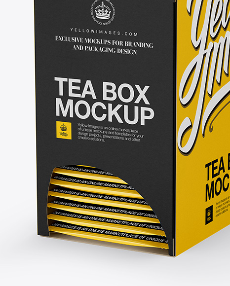 Download Tea Box W Sachets Mockup Halfside View In Box Mockups On Yellow Images Object Mockups PSD Mockup Templates