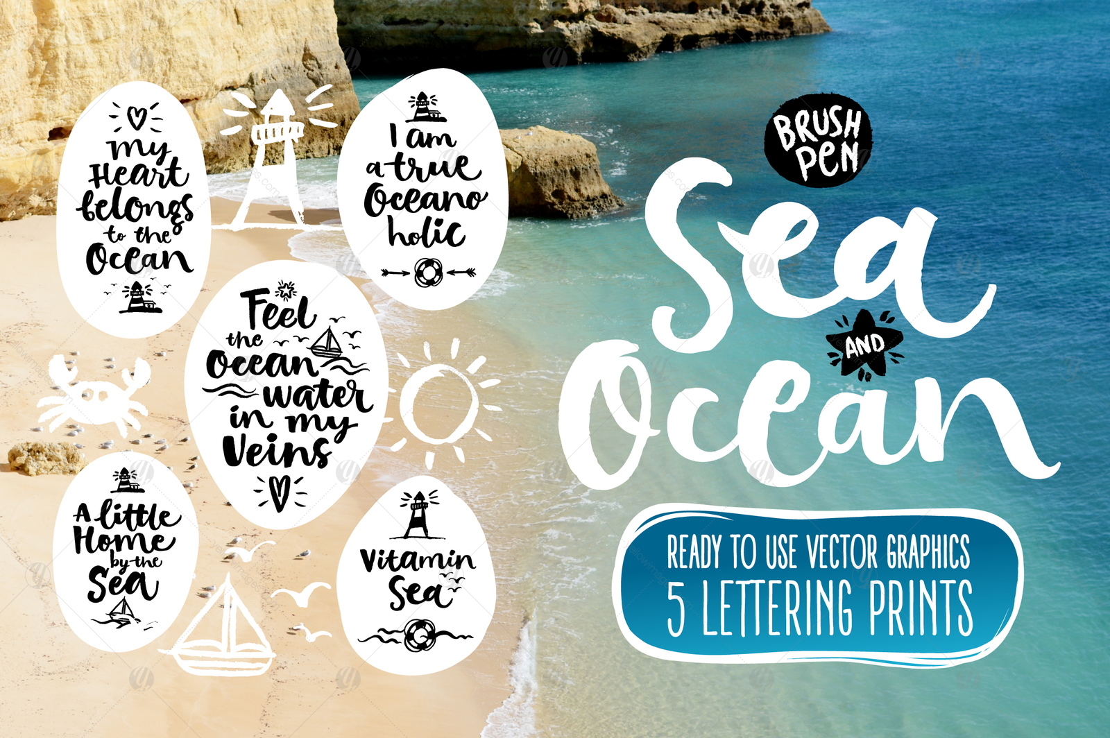 Vector Sea And Ocean Brushpen Set In Lettering On Yellow Images Creative Store