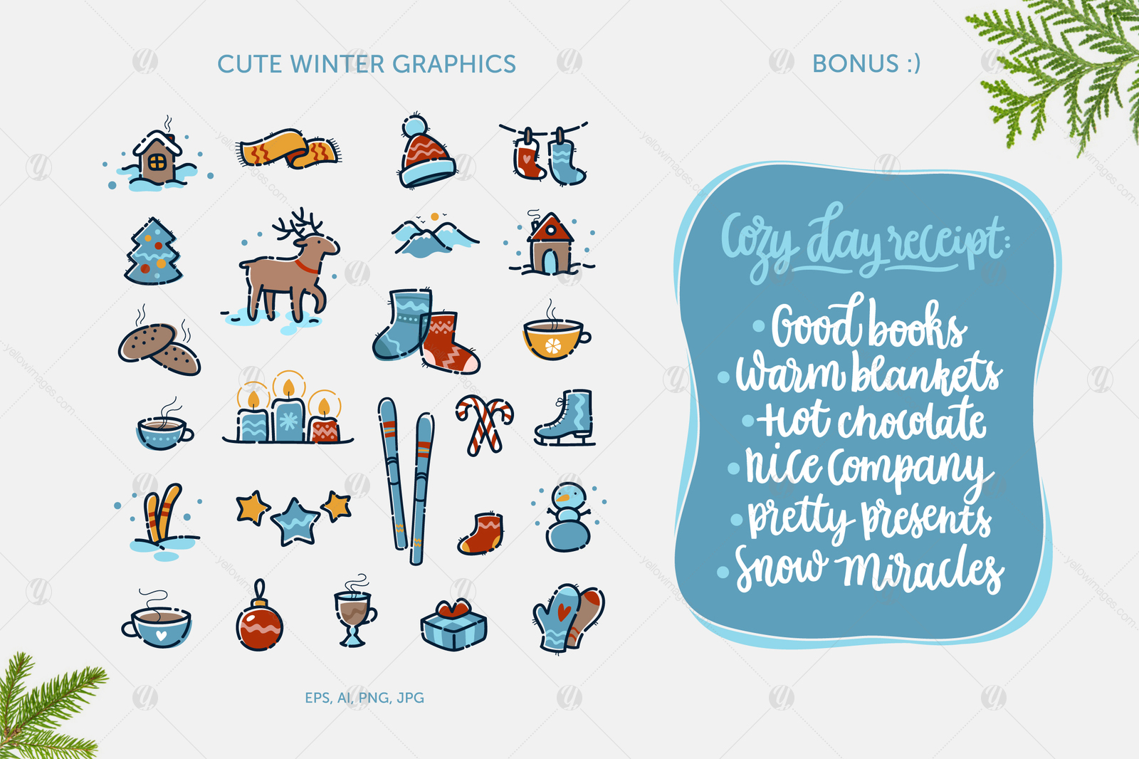 Download Free 24 Winter Pleasures Vector Set In Lettering On Yellow Images PSD Mockup Template
